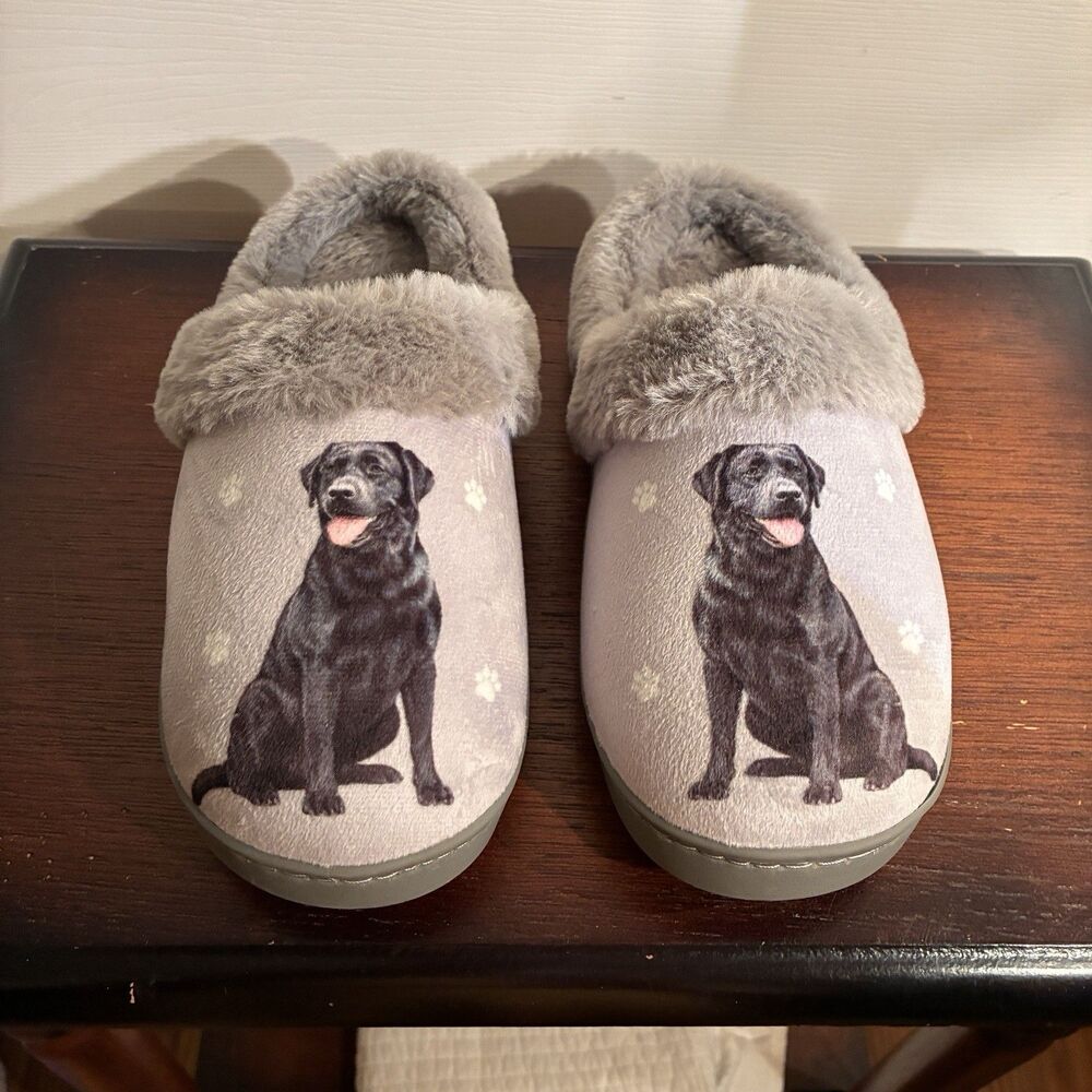 E&S Pets Gray Snugg Slippers With Black Labrador Dog. Size Small/Medium New